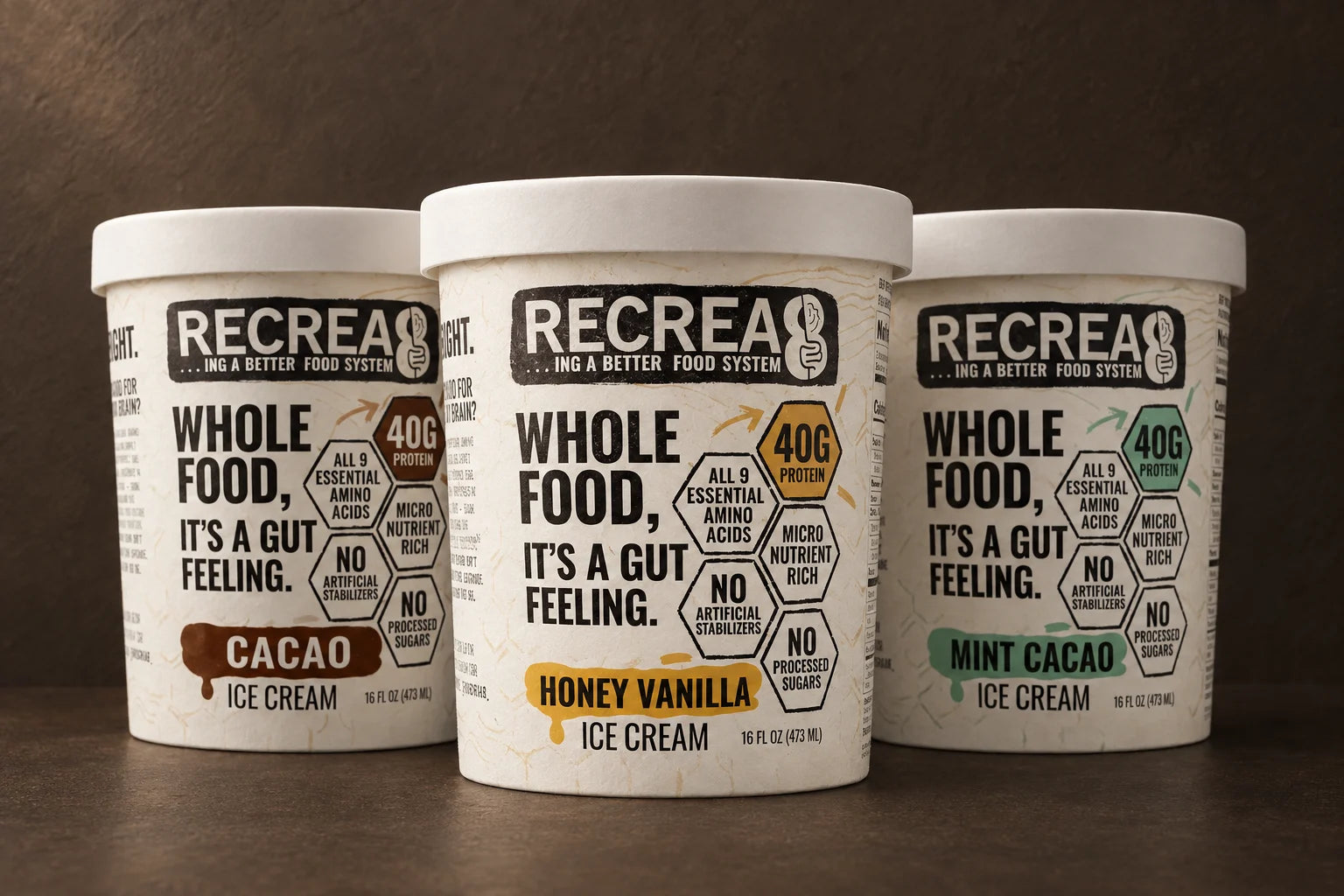ReCrea8 Cacao, Honey Vanilla and Mint Cacao protein ice cream pints